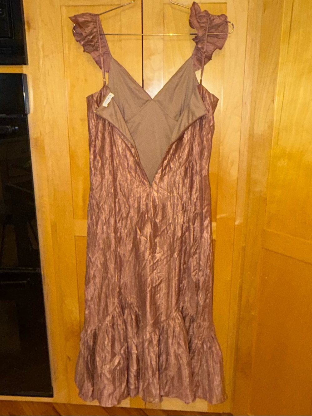 STORIA Romola Bronze metallic Crinkle Ruffle Mermaid Midi Dress Petal & Pup M